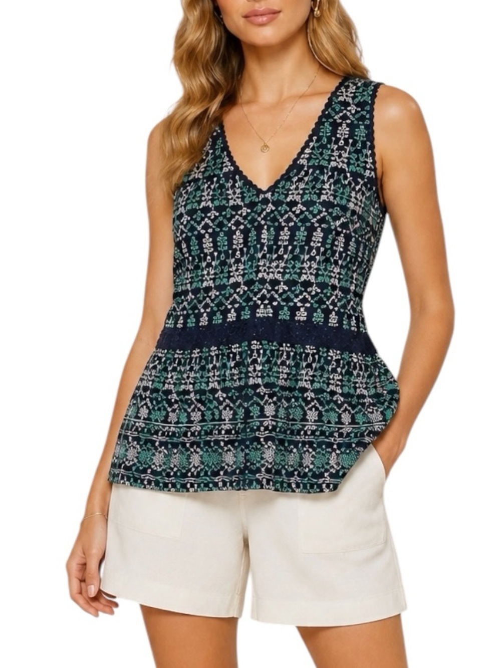 NWT MAEVE Sleeveless V-Neck Embroidered Peplum Flowy Tank Top Size Small